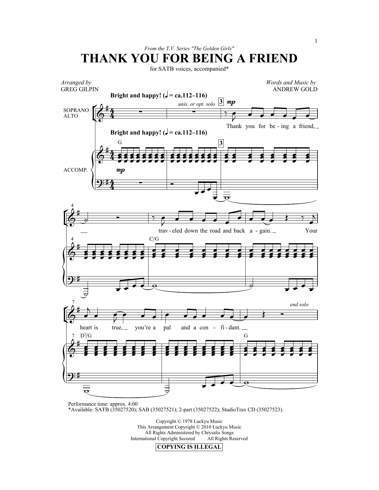 Andrew Gold Thank You For Being A Friend (Theme from The Golden Girls) (arr. Greg Gilpin) sheet music notes and chords. Download Printable PDF.
