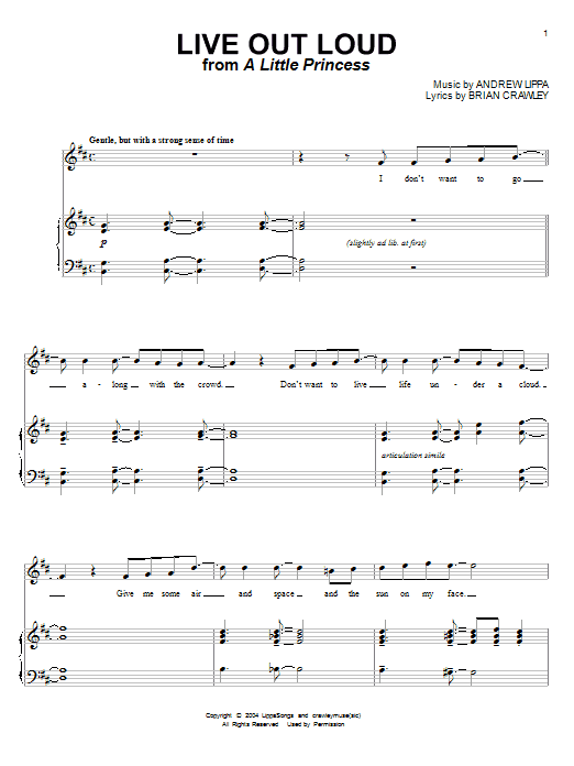 Learn to play Andrew Lippa Live Out Loud sheet music for Piano & Vocal in minutes. Andrew Lippa Live Out Loud sheet music notes and chords. Download Printable PDF.