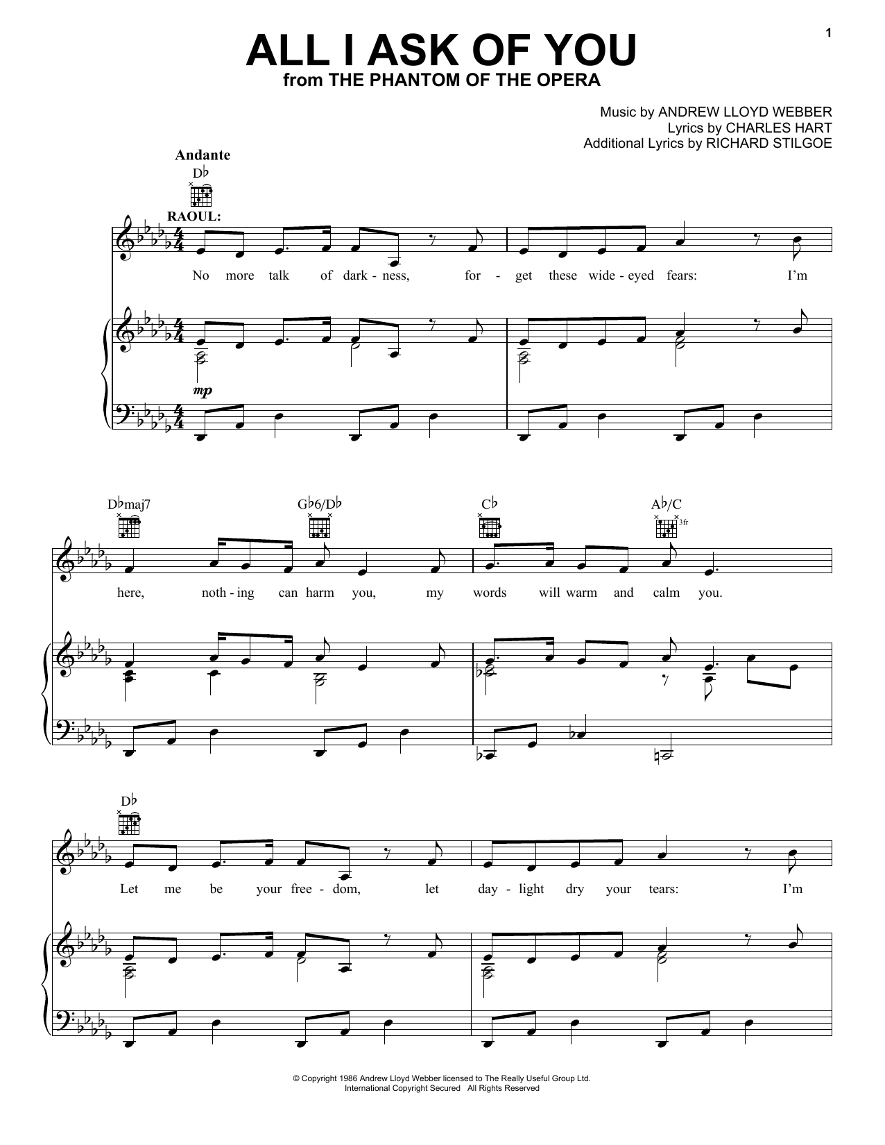 Andrew Lloyd Webber All I Ask Of You From The Phantom Of The Opera Sheet Music Pdf Notes Chords Musical Show Score Easy Piano Download Printable Sku 114377