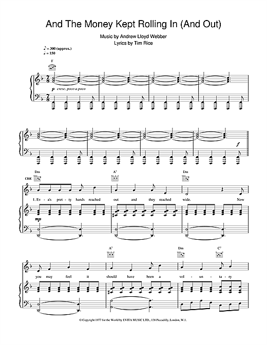 Preview Andrew Lloyd Webber And The Money Kept Rolling In (And Out) (from Evita) Musicals sheet music, notes and chords for Piano, Vocal & Guitar (Right-Hand Melody), SKU: 15566 sheet music, piano notes, chords, guitar tabs, score, transpose, transcribe, how to play, guide, download, learn, tutorial, progression, song, artist, awards, billboard, mtv, vh1, tour, single, album, release