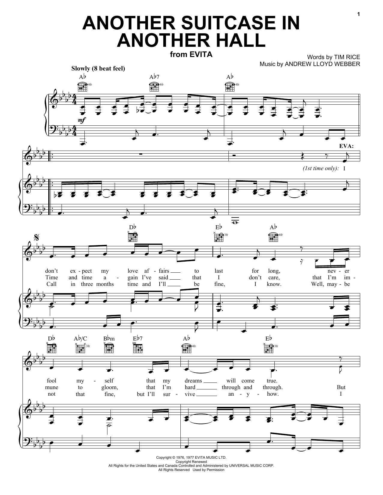 Andrew Lloyd Webber Another Suitcase In Another Hall (from Evita) sheet music notes and chords. Download Printable PDF.