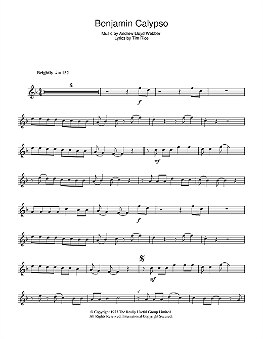 Learn to play Andrew Lloyd Webber Benjamin Calypso (from Joseph And The Amazing Technicolor Dreamcoat) sheet music for Clarinet Solo in minutes. Price: 5.9900$ Andrew Lloyd Webber Benjamin Calypso (from Joseph And The Amazing Technicolor Dreamcoat) sheet music notes and chords. Download Printable PDF.