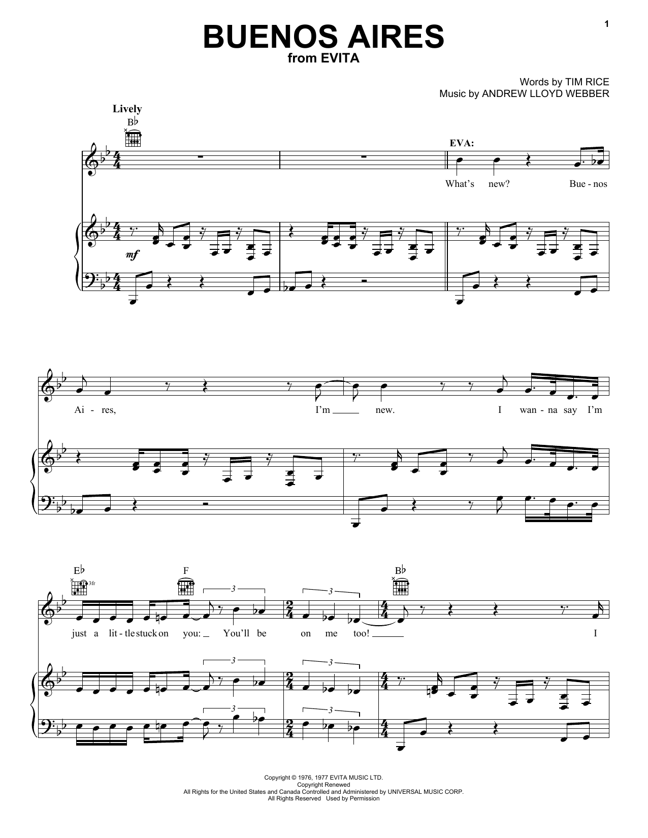 Andrew Lloyd Webber Buenos Aires (from Evita) sheet music notes and chords. Download Printable PDF.