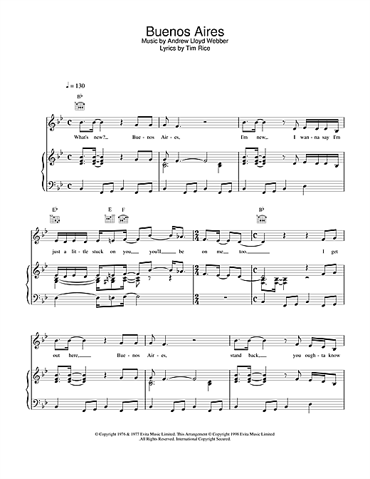 Learn to play Andrew Lloyd Webber Buenos Aires (from Evita) sheet music for Piano, Vocal & Guitar (Right-Hand Melody) in minutes. Andrew Lloyd Webber Buenos Aires (from Evita) sheet music notes and chords