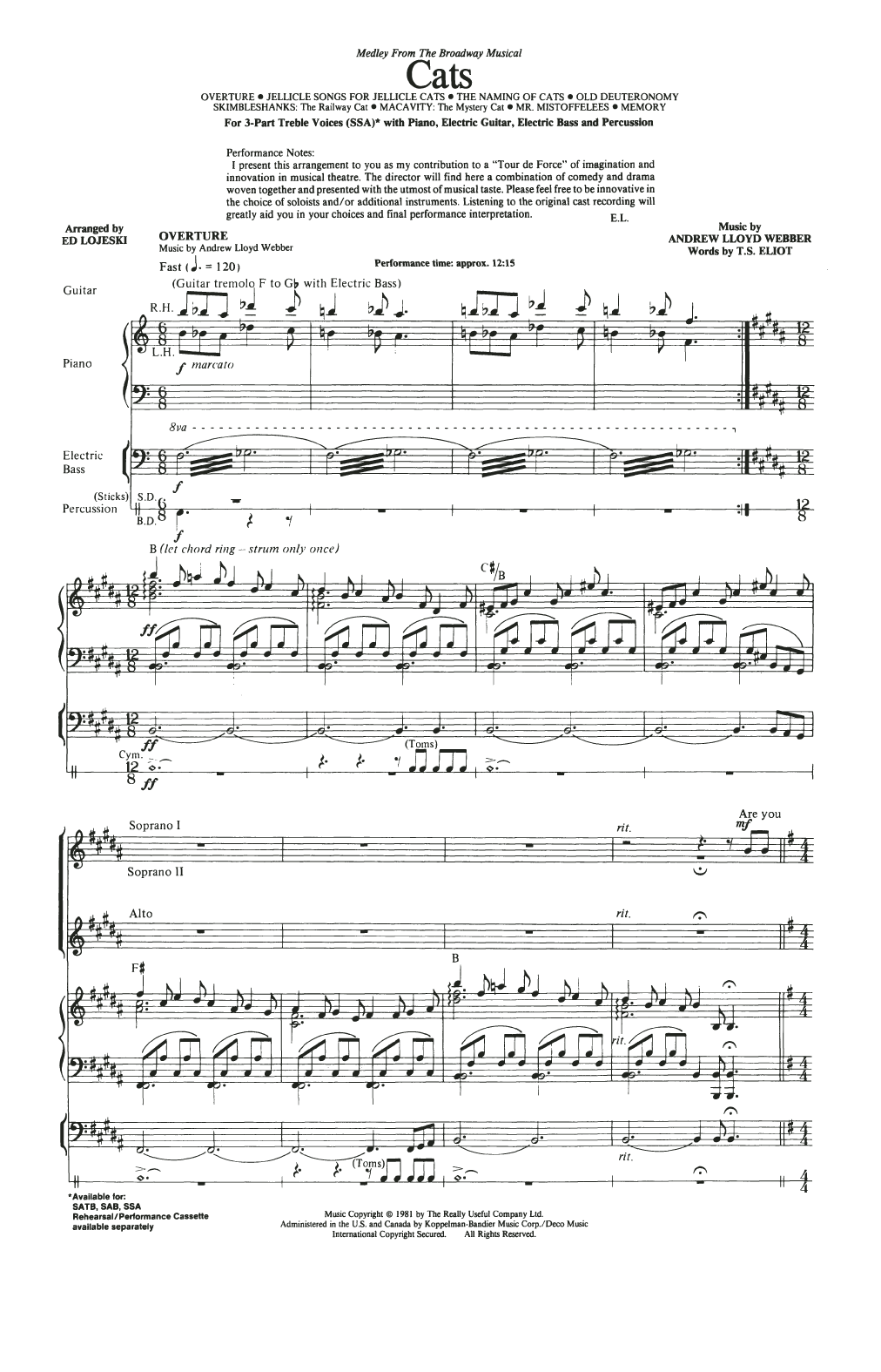 Learn to play Andrew Lloyd Webber Cats (Medley) (arr. Ed Lojeski) sheet music for SAB Choir in minutes. Price: 4.7900$ Andrew Lloyd Webber Cats (Medley) (arr. Ed Lojeski) sheet music notes and chords arranged for SAB Choir