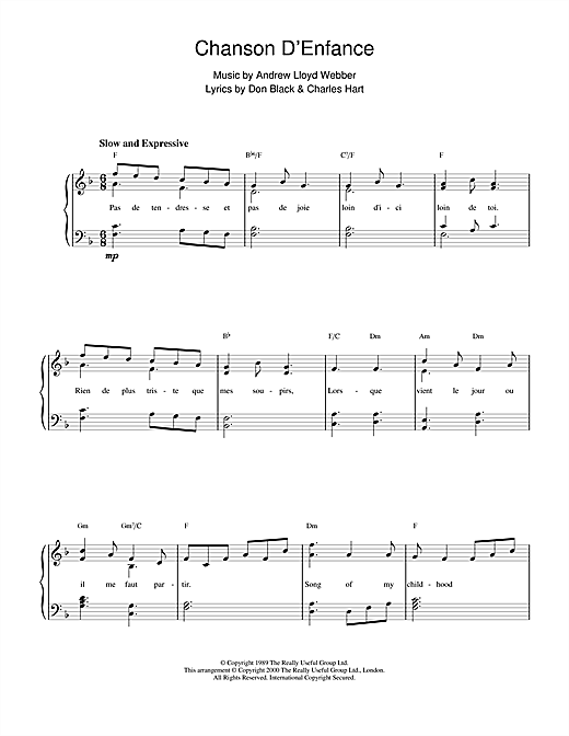 Learn to play Andrew Lloyd Webber Chanson D'Enfance (from Aspects Of Love) sheet music for Piano Solo in minutes. Andrew Lloyd Webber Chanson D'Enfance (from Aspects Of Love) sheet music notes and chords. Download Printable PDF.