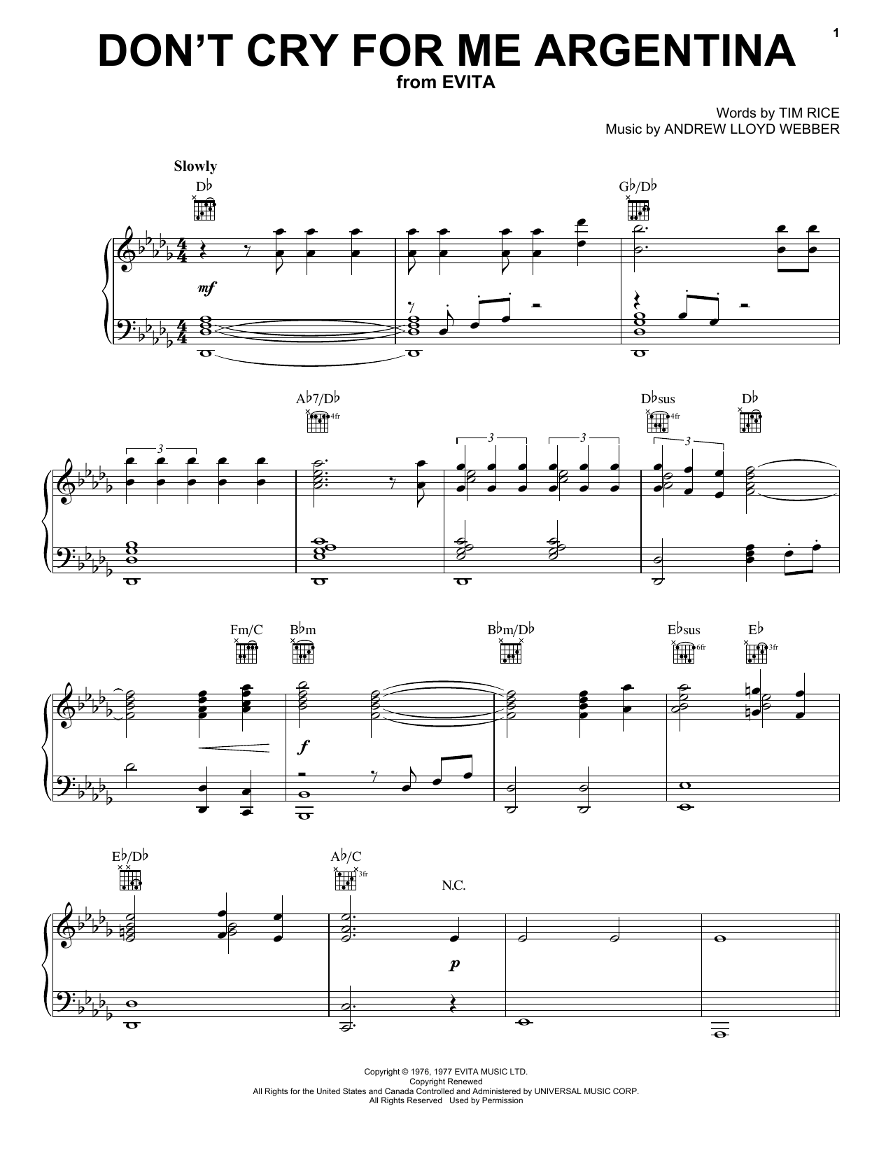 Andrew Lloyd Webber Don't Cry For Me Argentina sheet music notes and chords. Download Printable PDF.