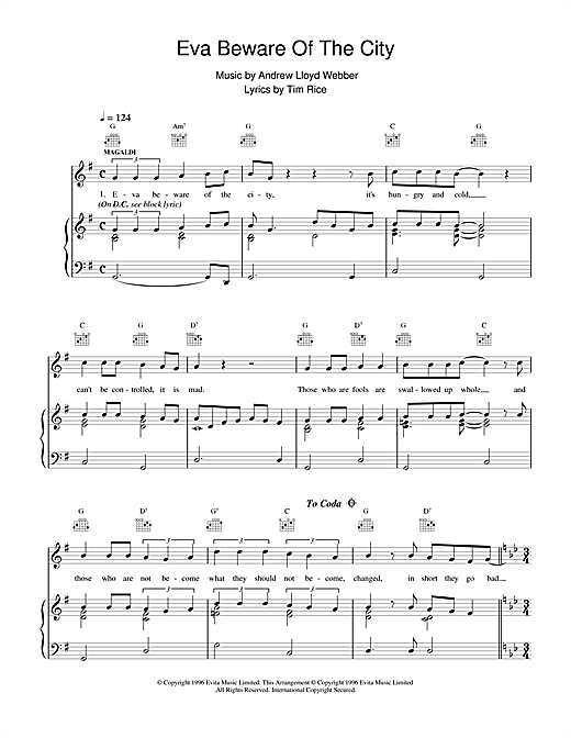 Learn to play Andrew Lloyd Webber Eva Beware Of The City (from Evita) sheet music for Piano, Vocal & Guitar (Right-Hand Melody) in minutes. Andrew Lloyd Webber Eva Beware Of The City (from Evita) sheet music notes and chords