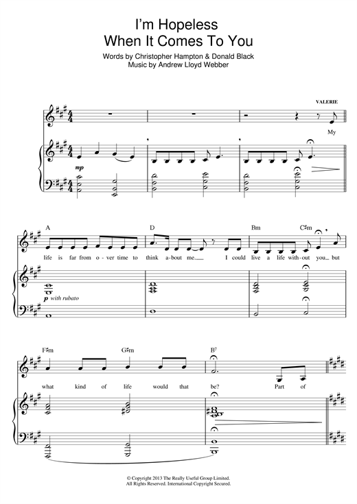 Learn to play Andrew Lloyd Webber I'm Hopeless When It Comes To You (from 'Stephen Ward') sheet music for Piano & Vocal in minutes. Andrew Lloyd Webber I'm Hopeless When It Comes To You (from 'Stephen Ward') sheet music notes and chords