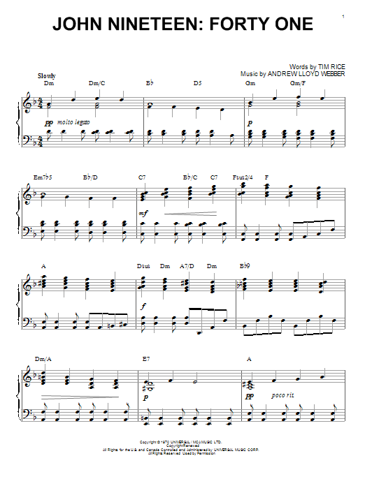 Learn to play Andrew Lloyd Webber John Nineteen: Forty One sheet music for Piano Solo in minutes. Andrew Lloyd Webber John Nineteen: Forty One sheet music notes and chords. Download Printable PDF.