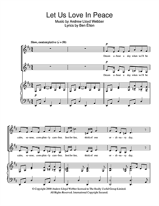 Andrew Lloyd Webber Let Us Love In Peace (from The Boys In The Photograph) sheet music notes and chords. Download Printable PDF.