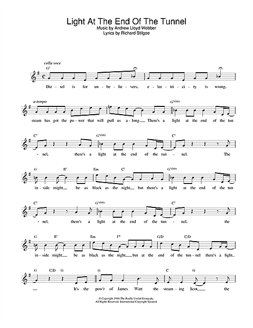 Andrew Lloyd Webber Light At The End Of The Tunnel (from Starlight Express) sheet music notes and chords. Download Printable PDF.