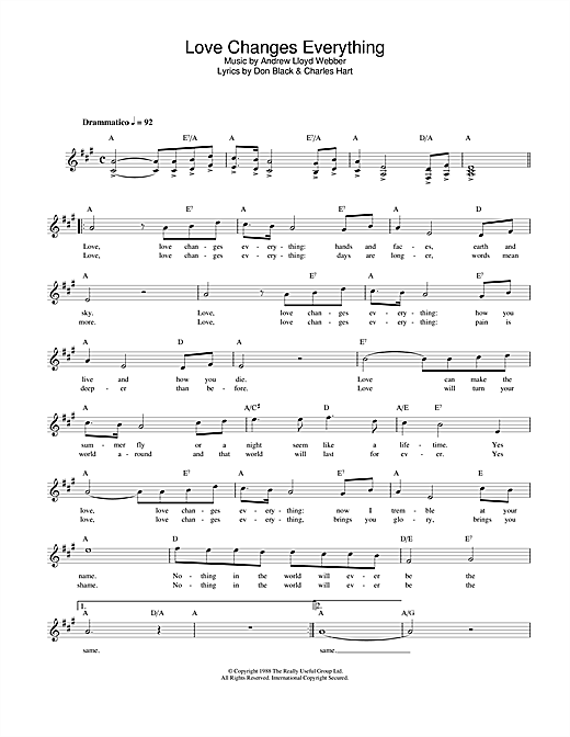 Preview Andrew Lloyd Webber Love Changes Everything (from Aspects Of Love) Pop sheet music, notes and chords for Lead Sheet / Fake Book, SKU: 25128 sheet music, piano notes, chords, guitar tabs, score, transpose, transcribe, how to play, guide, download, learn, tutorial, progression, song, artist, awards, billboard, mtv, vh1, tour, single, album, release