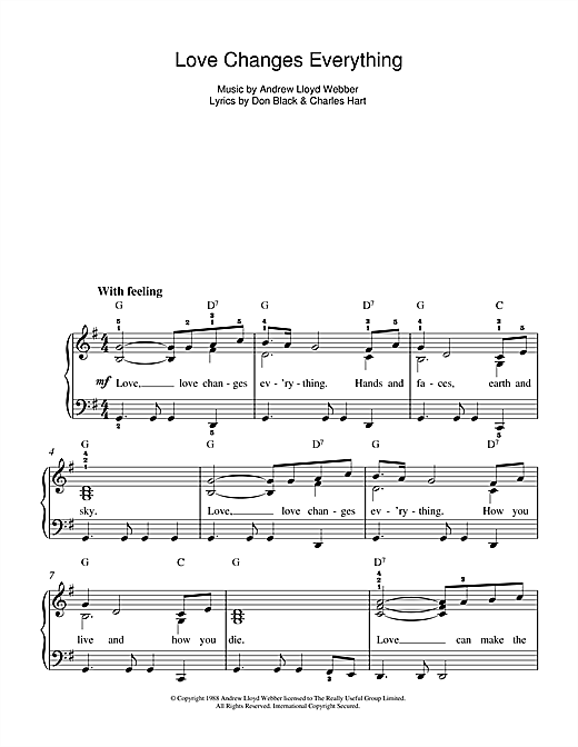 Andrew Lloyd Webber Love Changes Everything (from Aspects Of Love) sheet music notes and chords. Download Printable PDF.