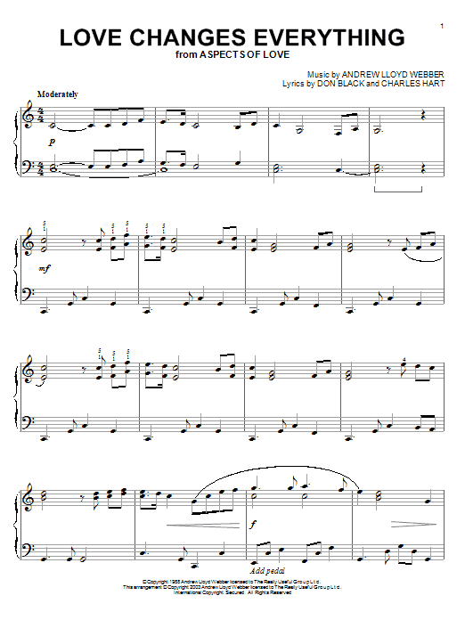Learn to play Andrew Lloyd Webber Love Changes Everything (from Aspects Of Love) sheet music for Lead Sheet / Fake Book in minutes. Andrew Lloyd Webber Love Changes Everything (from Aspects Of Love) sheet music notes and chords. Download Printable PDF.