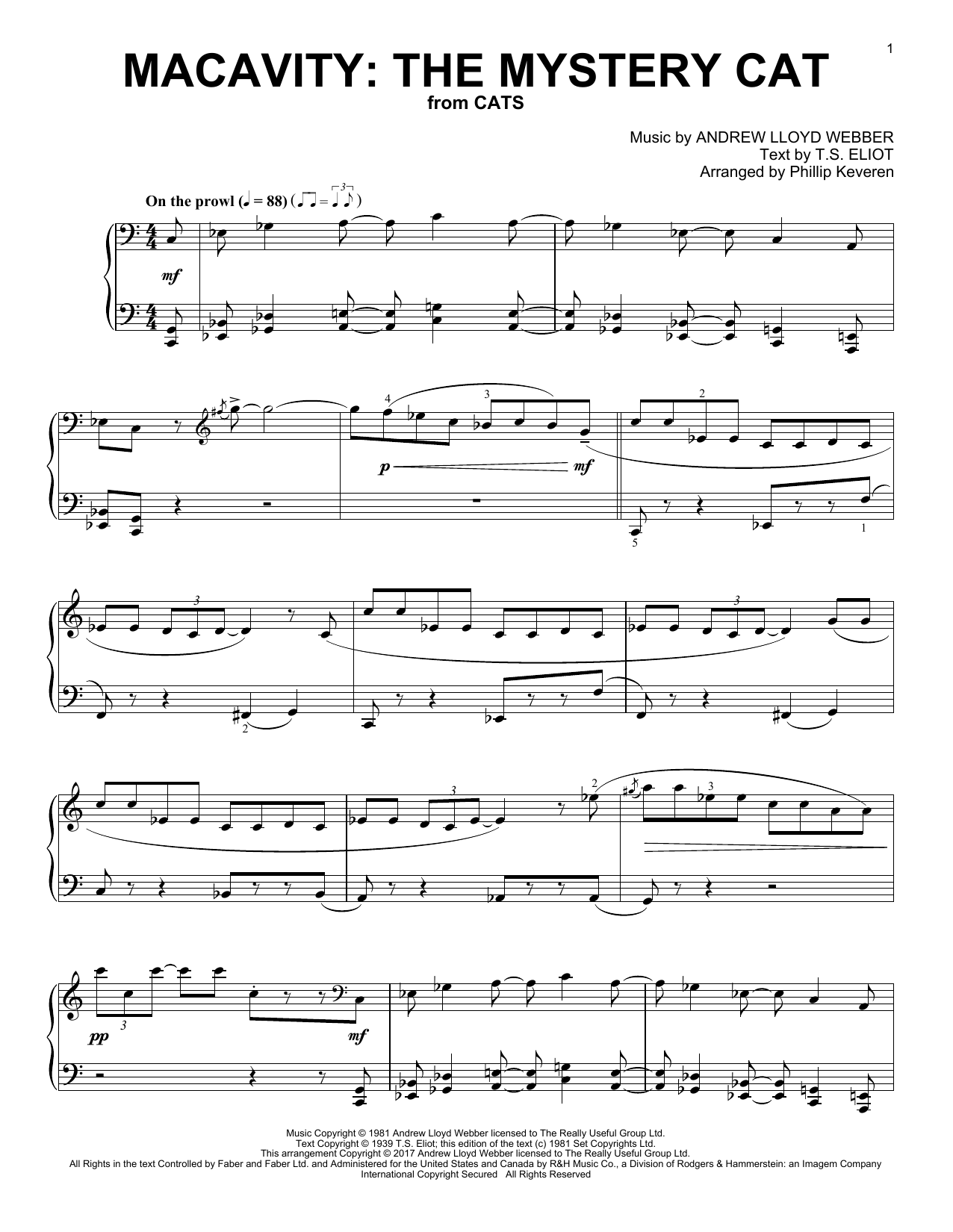 Andrew Lloyd Webber Macavity The Mystery Cat From Cats Arr Phillip Keveren Sheet Music Pdf Notes Chords Musical Show Score Piano Solo Download Printable Sku 189587