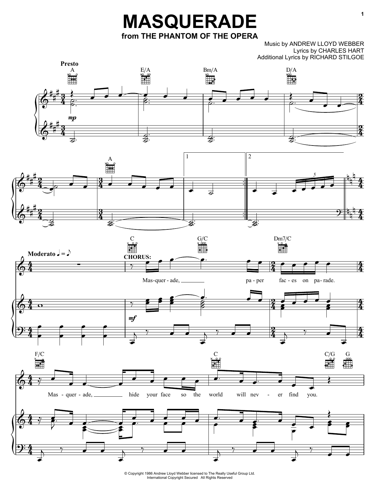Learn to play Andrew Lloyd Webber Masquerade (from The Phantom Of The Opera) sheet music for Piano, Vocal & Guitar (Right-Hand Melody) in minutes. Andrew Lloyd Webber Masquerade (from The Phantom Of The Opera) sheet music notes and chords. Download Printable PDF.