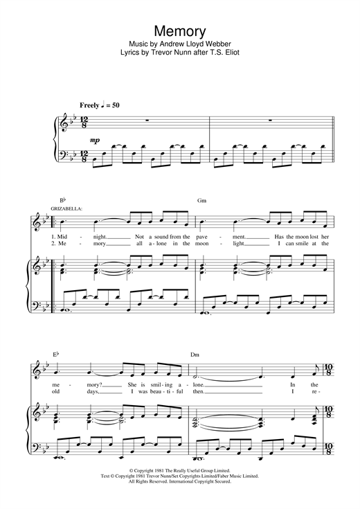 Andrew Lloyd Webber Memory (from Cats) sheet music notes and chords. Download Printable PDF.