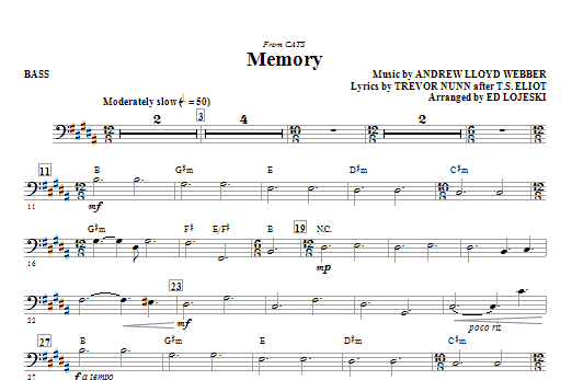 Andrew Lloyd Webber Memory From Cats Arr Ed Lojeski Bass Sheet Music Pdf Notes Chords Musical Show Score Choir Instrumental Pak Download Printable Sku 270472