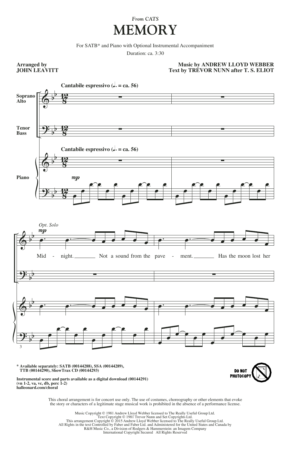Andrew Lloyd Webber Memory From Cats Arr John Leavitt Sheet