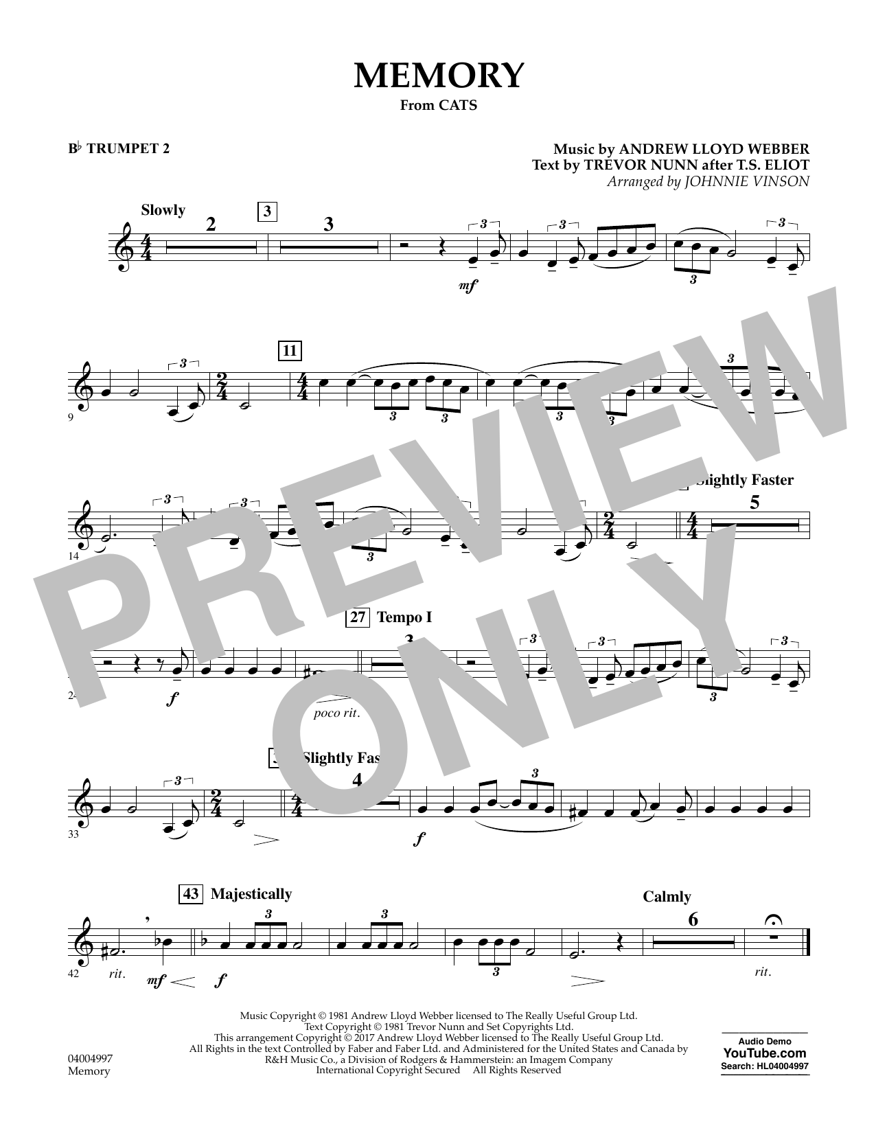 Andrew Lloyd Webber Memory From Cats Arr Johnnie Vinson Bb