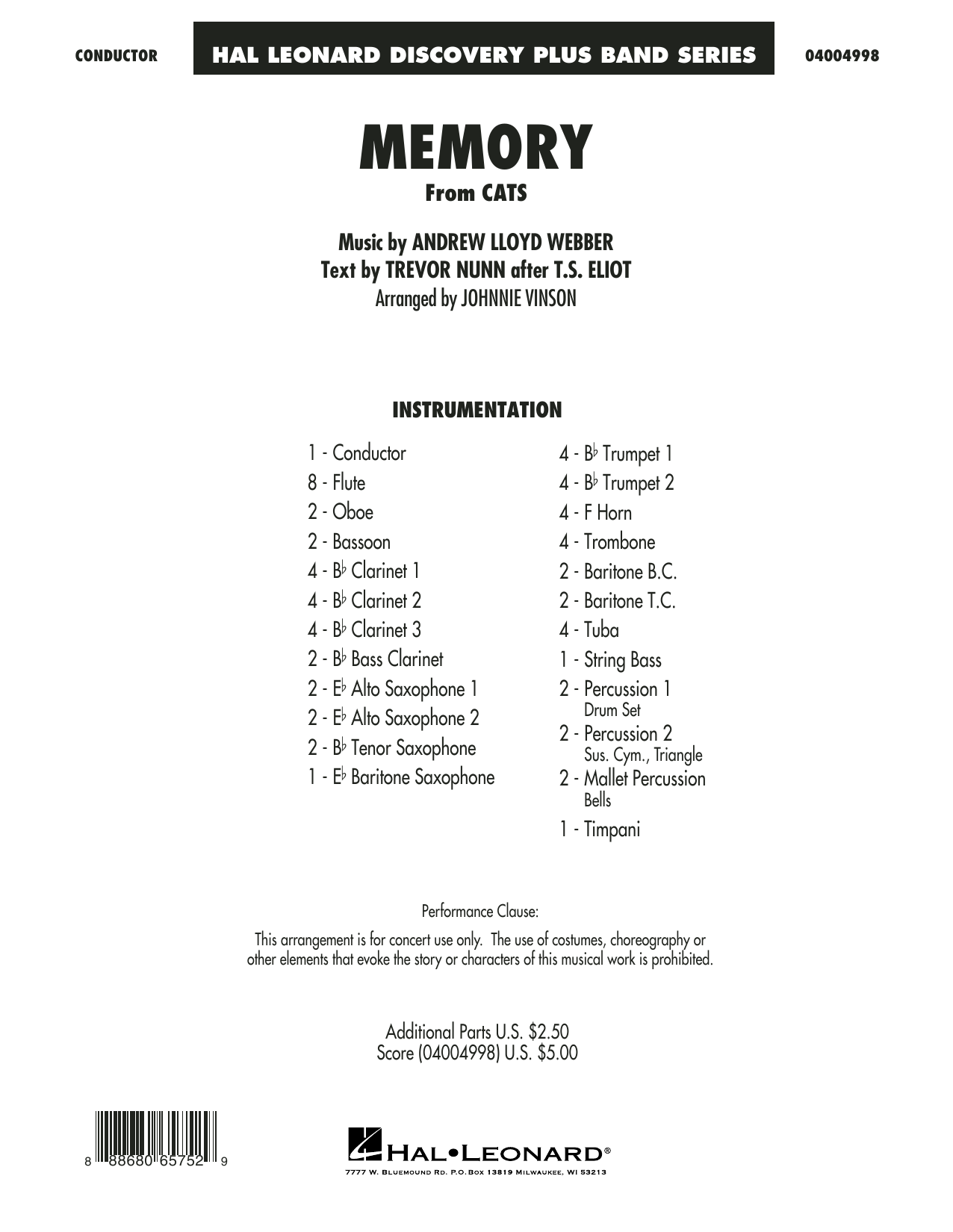 Andrew Lloyd Webber Memory From Cats Arr Johnnie Vinson