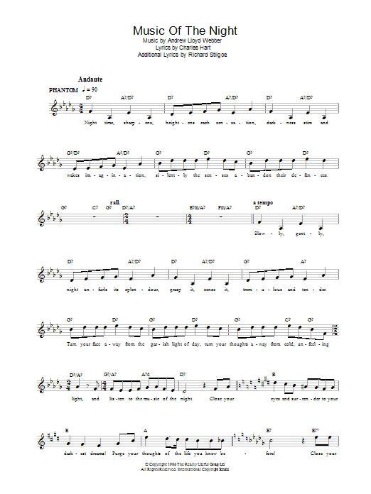 Learn to play Andrew Lloyd Webber Music Of The Night sheet music for Lead Sheet / Fake Book in minutes. Andrew Lloyd Webber Music Of The Night sheet music notes and chords. Download Printable PDF.