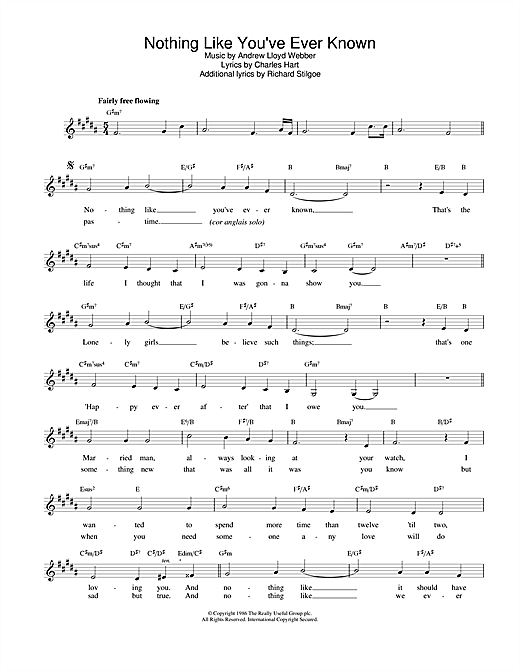 Andrew Lloyd Webber Nothing Like You've Ever Known (from Tell Me On A Sunday) sheet music notes and chords. Download Printable PDF.