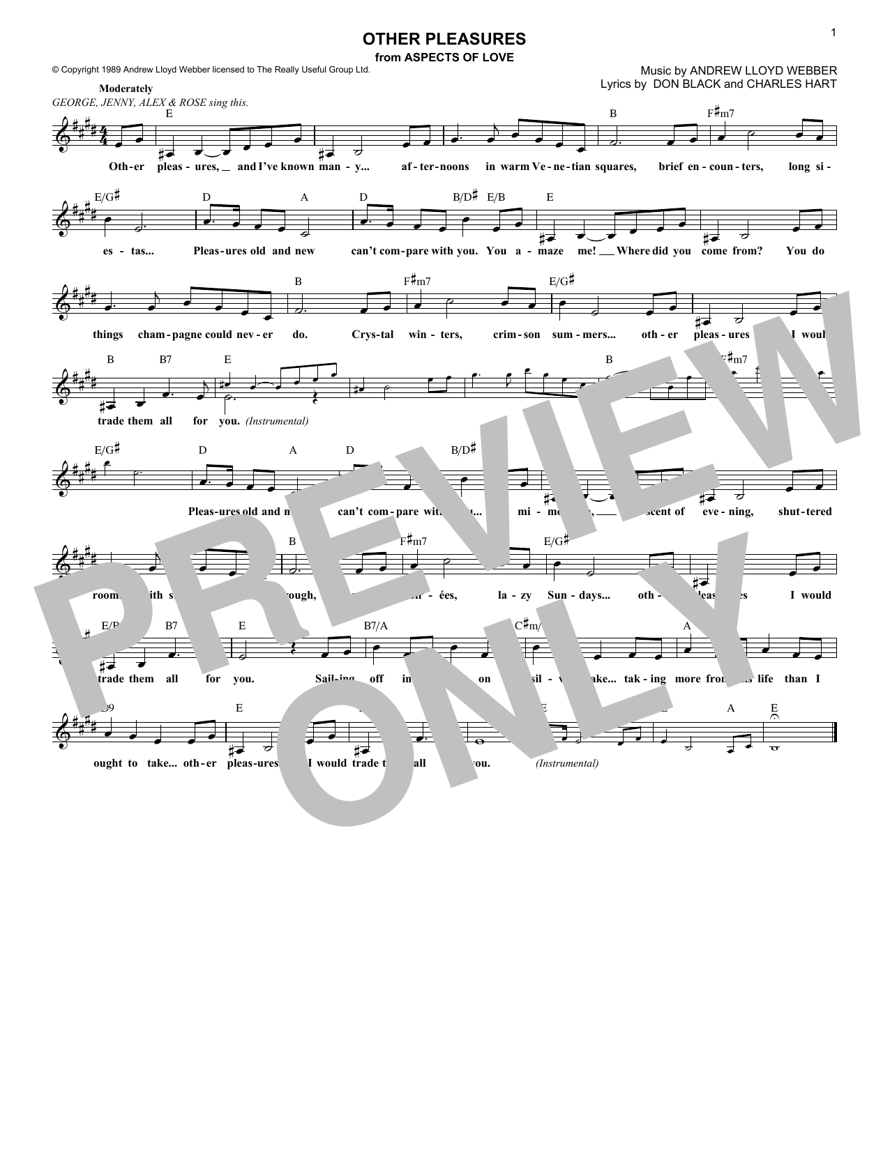 Learn to play Andrew Lloyd Webber Other Pleasures (from Aspects Of Love) sheet music for Lead Sheet / Fake Book in minutes. Price: 5.9900$ Andrew Lloyd Webber Other Pleasures (from Aspects Of Love) sheet music notes and chords arranged for Lead Sheet / Fake Book