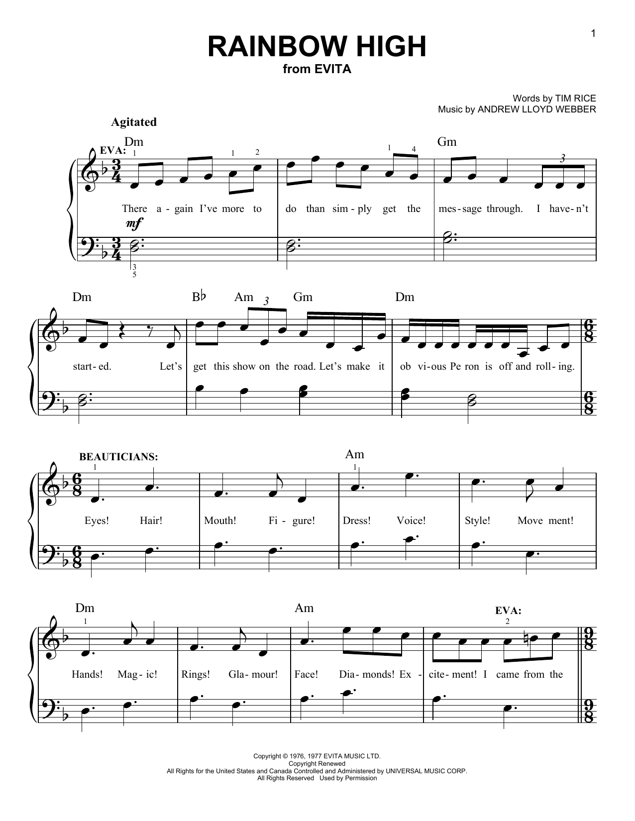 Andrew Lloyd Webber Rainbow High (from Evita) sheet music notes and chords. Download Printable PDF.