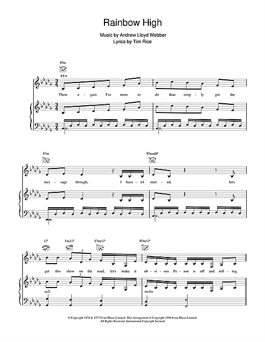 Learn to play Andrew Lloyd Webber Rainbow High (from Evita) sheet music for Piano, Vocal & Guitar (Right-Hand Melody) in minutes. Andrew Lloyd Webber Rainbow High (from Evita) sheet music notes and chords. Download Printable PDF.
