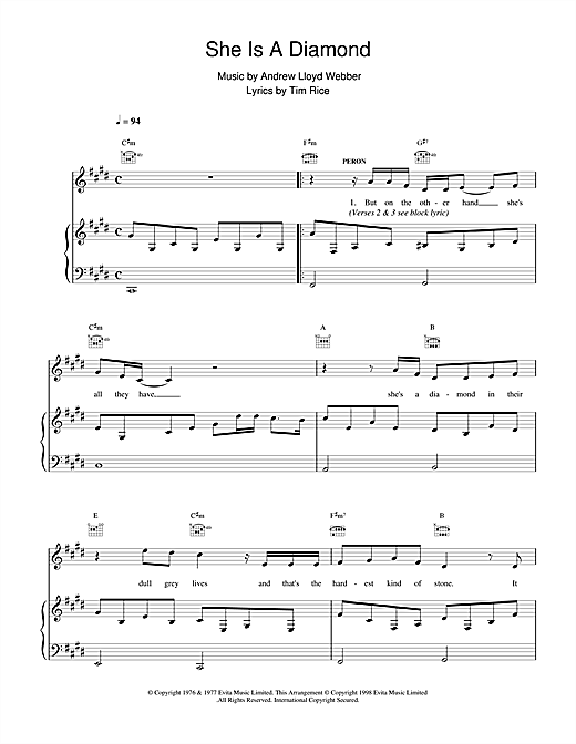 Learn to play Andrew Lloyd Webber She Is A Diamond (from Evita) sheet music for Piano, Vocal & Guitar in minutes. Andrew Lloyd Webber She Is A Diamond (from Evita) sheet music notes and chords