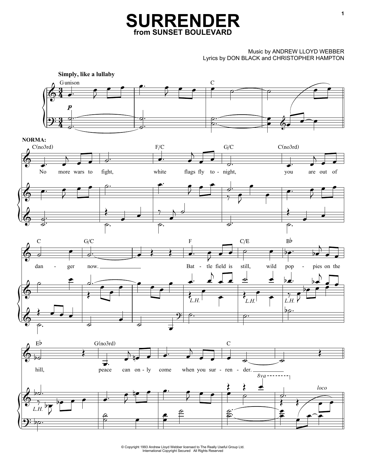 Andrew Lloyd Webber Surrender sheet music notes and chords. Download Printable PDF.