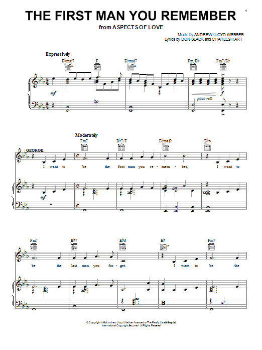 Learn to play Andrew Lloyd Webber The First Man You Remember (from Aspects Of Love) sheet music for Piano, Vocal & Guitar (Right-Hand Melody) in minutes. Andrew Lloyd Webber The First Man You Remember (from Aspects Of Love) sheet music notes and chords. Download Printable PDF.
