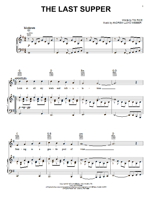 Learn to play Andrew Lloyd Webber The Last Supper sheet music for Piano, Vocal & Guitar (Right-Hand Melody) in minutes. Andrew Lloyd Webber The Last Supper sheet music notes and chords. Download Printable PDF.