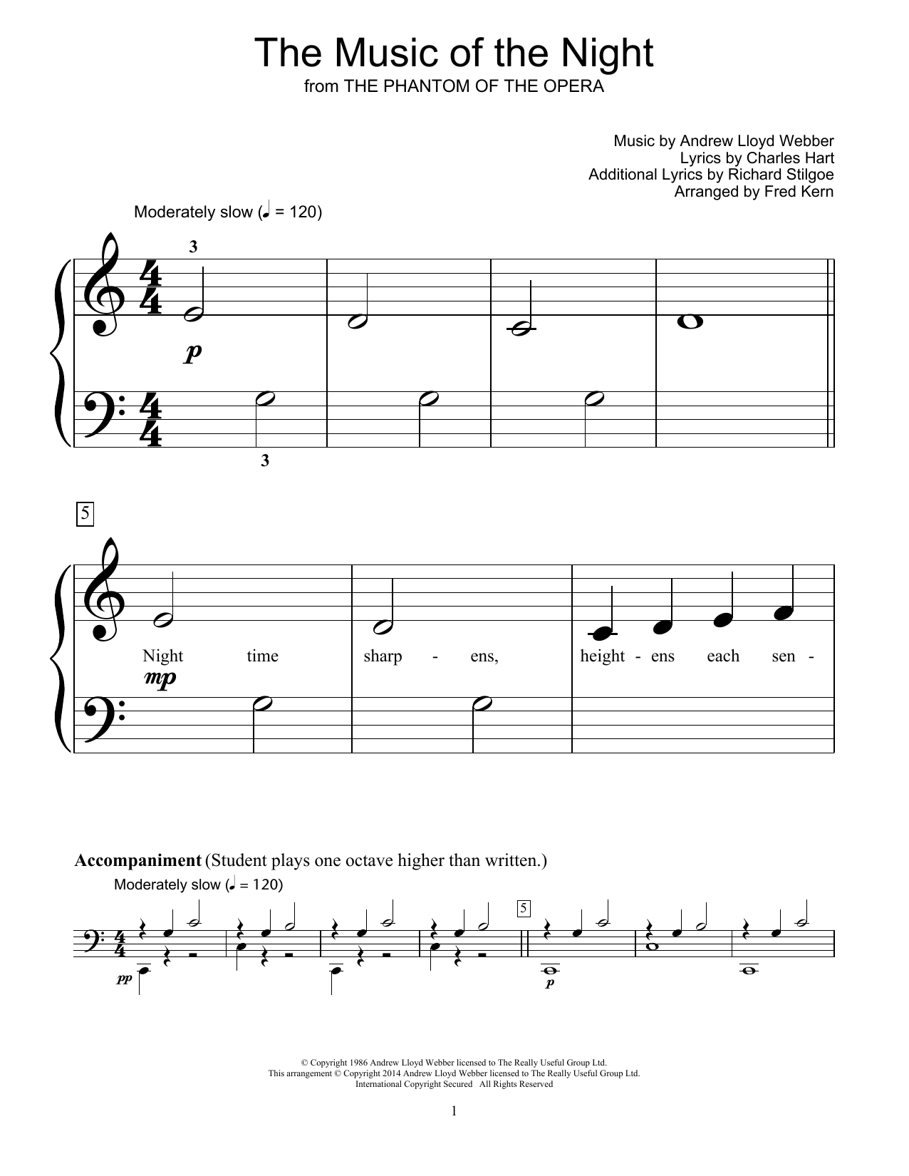 Learn to play Andrew Lloyd Webber The Music Of The Night (from The Phantom Of The Opera) (arr. Fred Kern) sheet music for Educational Piano in minutes. Price: 6.9900$ Andrew Lloyd Webber The Music Of The Night (from The Phantom Of The Opera) (arr. Fred Kern) sheet music notes and chords arranged for Educational Piano