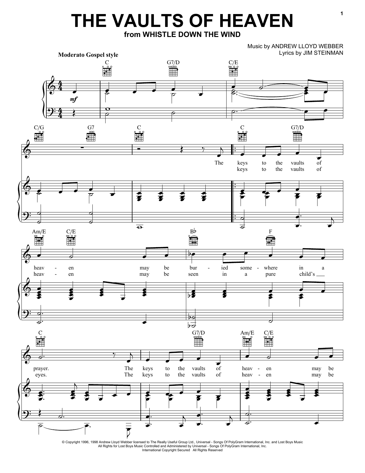 Andrew Lloyd Webber The Vaults Of Heaven sheet music notes and chords. Download Printable PDF.
