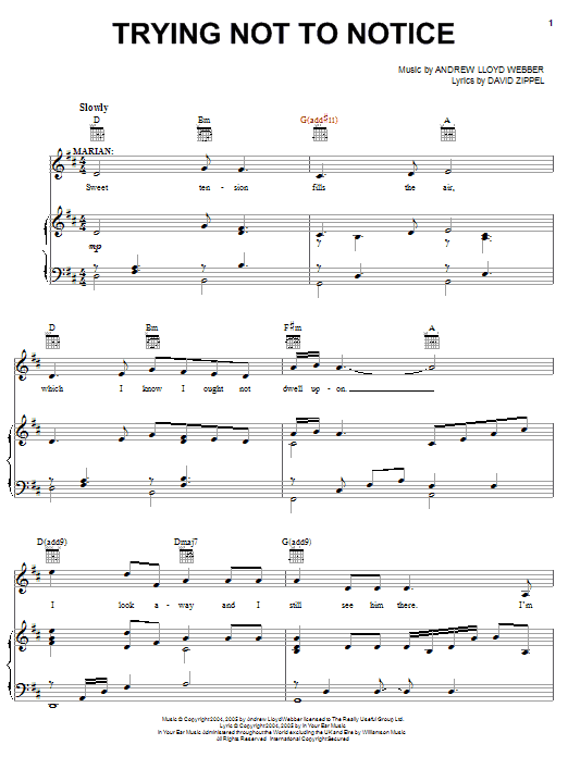 Learn to play Andrew Lloyd Webber Trying Not To Notice (from The Woman In White) sheet music for Piano, Vocal & Guitar in minutes. Andrew Lloyd Webber Trying Not To Notice (from The Woman In White) sheet music notes and chords. Download Printable PDF.