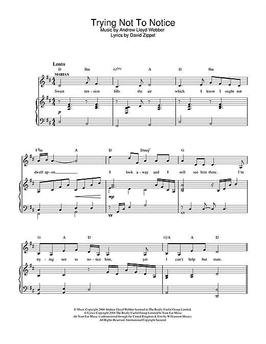 Learn to play Andrew Lloyd Webber Trying Not To Notice (from The Woman In White) sheet music for Lead Sheet / Fake Book in minutes. Price: 5.9900$ Andrew Lloyd Webber Trying Not To Notice (from The Woman In White) sheet music notes and chords arranged for Lead Sheet / Fake Book