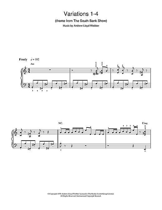 Learn to play Andrew Lloyd Webber Variations 1-4 (theme from The South Bank Show) sheet music for Piano Solo in minutes. Andrew Lloyd Webber Variations 1-4 (theme from The South Bank Show) sheet music notes and chords