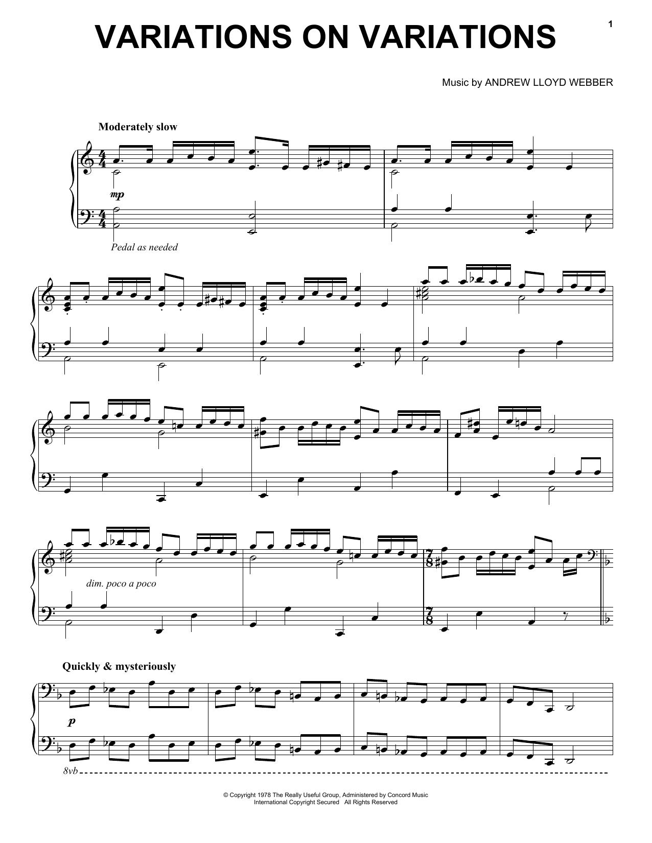Learn to play Andrew Lloyd Webber Variations On Variations sheet music for Piano Solo in minutes. Price: 6.9900$ Andrew Lloyd Webber Variations On Variations sheet music notes and chords arranged for Piano Solo