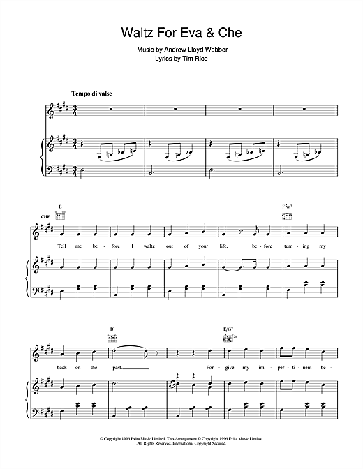 Learn to play Andrew Lloyd Webber Waltz For Eva & Che (from Evita) sheet music for Piano, Vocal & Guitar (Right-Hand Melody) in minutes. Andrew Lloyd Webber Waltz For Eva & Che (from Evita) sheet music notes and chords
