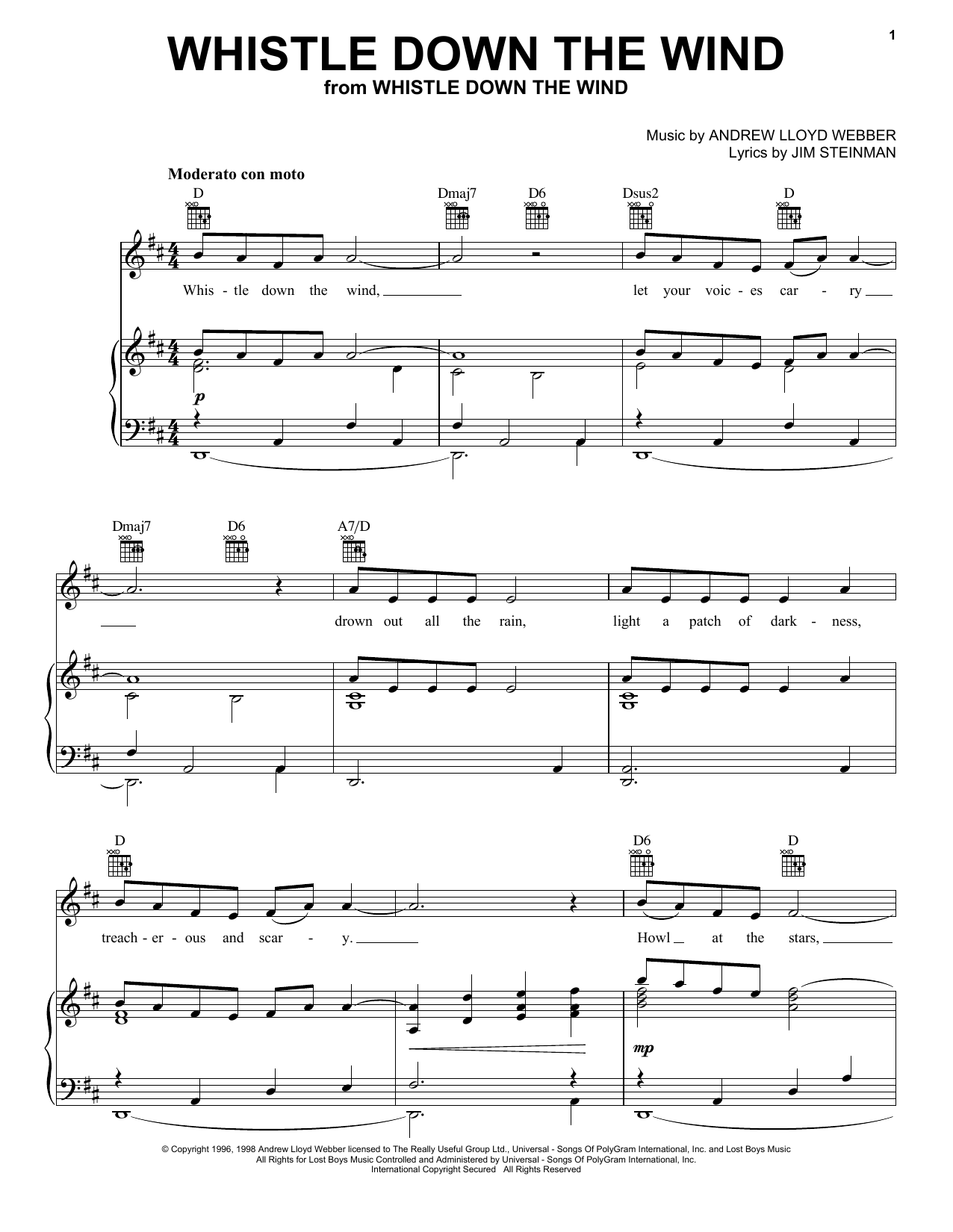 Learn to play Andrew Lloyd Webber Whistle Down The Wind sheet music for Piano, Vocal & Guitar (Right-Hand Melody) in minutes. Andrew Lloyd Webber Whistle Down The Wind sheet music notes and chords. Download Printable PDF.