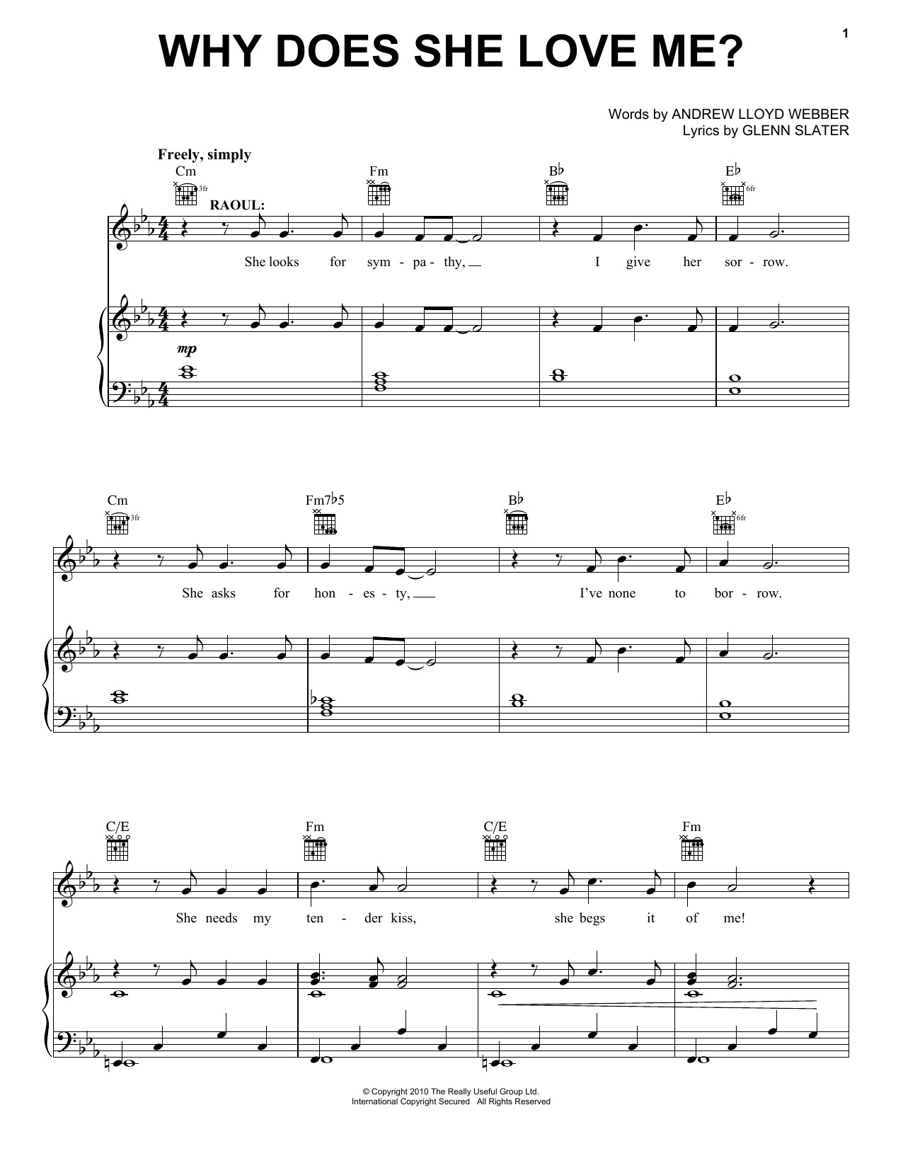 Learn to play Andrew Lloyd Webber Why Does She Love Me? sheet music for Piano, Vocal & Guitar Chords (Right-Hand Melody) in minutes. Price: 7.8900$ Andrew Lloyd Webber Why Does She Love Me? sheet music notes and chords arranged for Piano, Vocal & Guitar Chords (Right-Hand Melody)