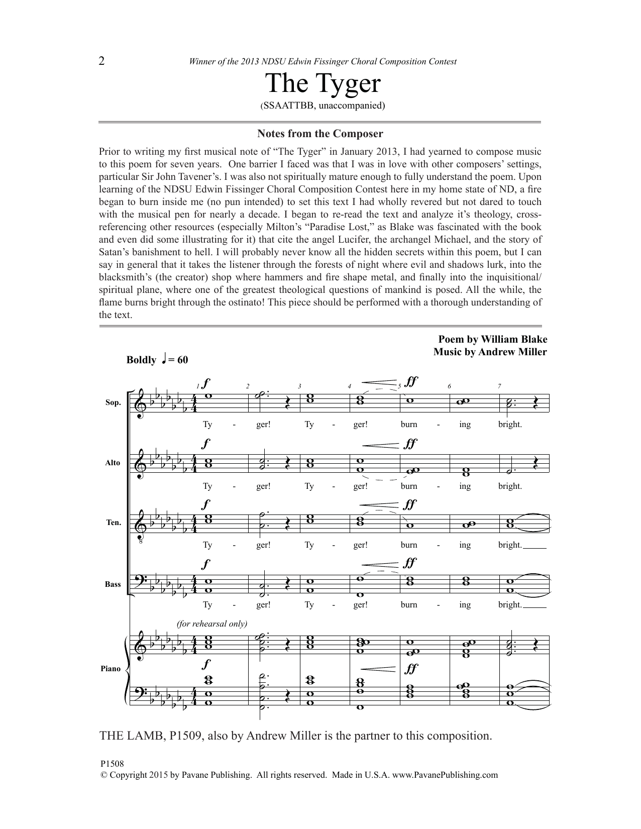 Andrew Miller The Tyger sheet music notes and chords. Download Printable PDF.