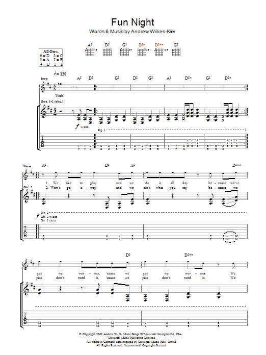 Learn to play Andrew WK Fun Night sheet music for Guitar Tab in minutes. Price: 7.8900$ Andrew WK Fun Night sheet music notes and chords arranged for Guitar Tab
