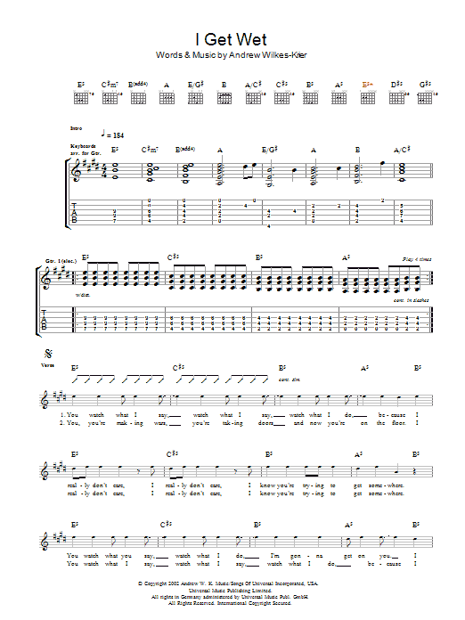 Andrew WK I Get Wet sheet music notes and chords. Download Printable PDF.