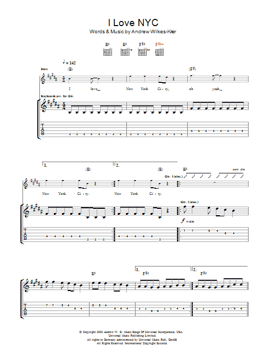 Andrew WK I Love NYC sheet music notes and chords. Download Printable PDF.