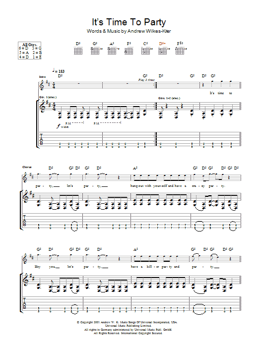 Learn to play Andrew WK It's Time To Party sheet music for Guitar Tab in minutes. Price: 7.8900$ Andrew WK It's Time To Party sheet music notes and chords. Download Printable PDF.