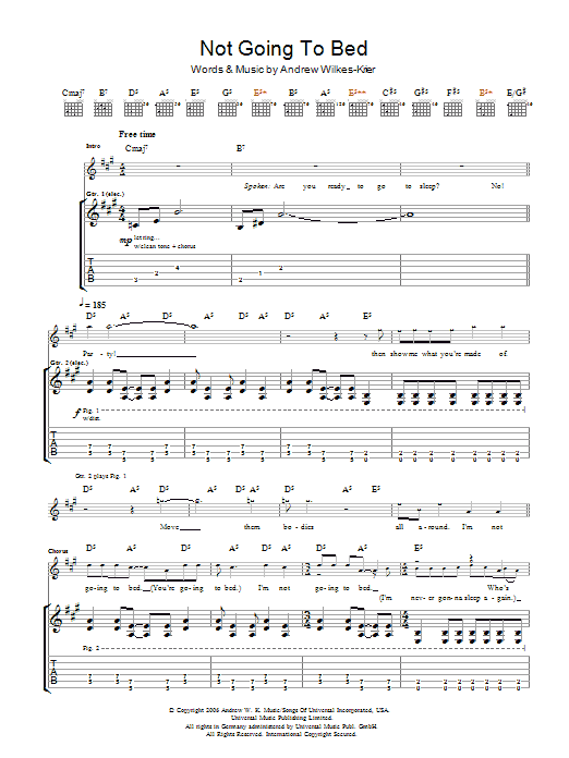 Learn to play Andrew WK Not Going To Bed sheet music for Guitar Tab in minutes. Price: 7.8900$ Andrew WK Not Going To Bed sheet music notes and chords. Download Printable PDF.